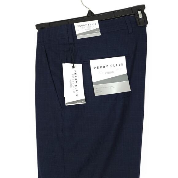 Perry Ellis Portfolio Men's Slim-Fit Stretch Dress Pants Navy Plaid 33x30 NWT - Picture 1 of 5